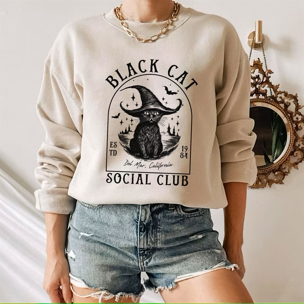 Black Cat Halloween Sweatshirt Halloween Sweater Halloween Shirt Black Cat Hoodie Cat Mom Gift Spooky Season Crewneckblack Cat Shirt Full Size Up To 5xl