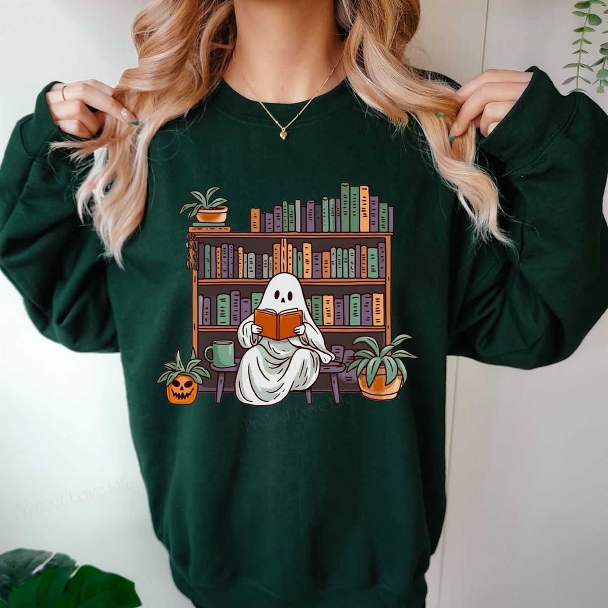 Bookish Ghost Sweater Spooky Library Shirt For Book Lover Reading Sweatshirt Cottagecore Pumpkin Crewneck Librarian Appreciation Gift Full Size Up To 5xl