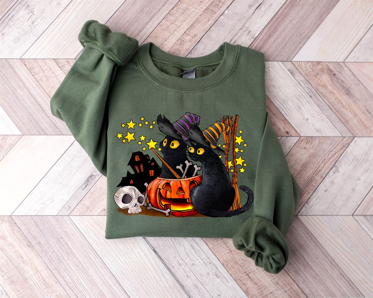 Cat Halloween Sweatshirt Ghost Cat Shirt Halloween Sweater Halloween Cat Shirt Cat Lover Shirt Black Cat Shirt Spooky Season -trungten- 80slx Size Up To 5xl