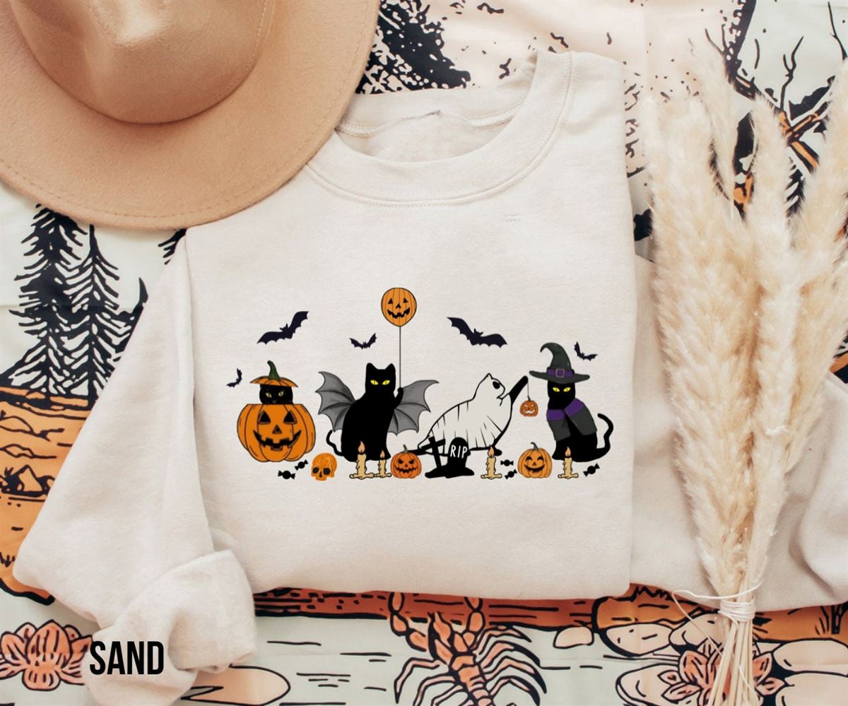 Cat Halloween Sweatshirt Ghost Cat Shirt Halloween Sweater Halloween Cat Shirt Cat Lover Shirt Black Cat Shirt Spooky Season Plus Size Up To 5xl