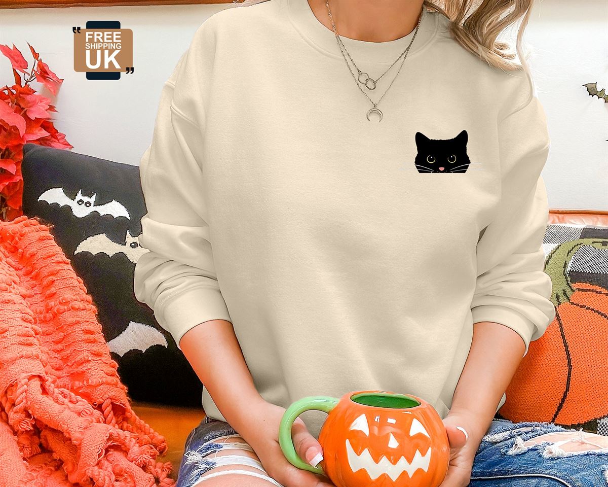 Cute Black Cat Halloween Sweatshirt Fall Cat Printed Sweatshirt Vintage Halloween Party Jumper Spooky Season Shirt Halloween Clothing Plus Size Up To 5xl