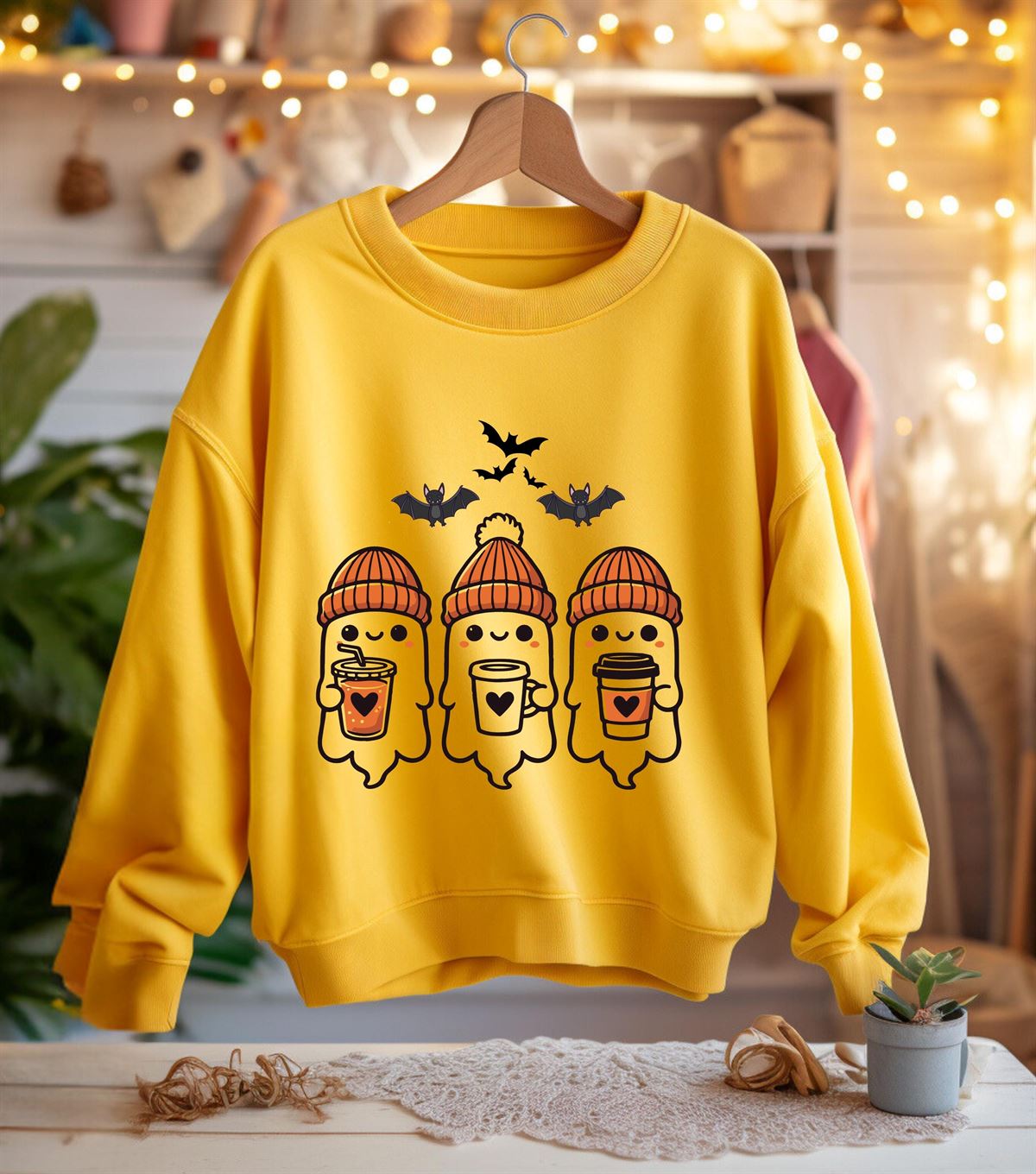 Cute Ghost Sweatshirt For Halloween Halloween Sweater For Women Coffee Lovers Halloween Coffee Jumper Cute Halloween Coffee Lovers Plus Size Up To 5xl