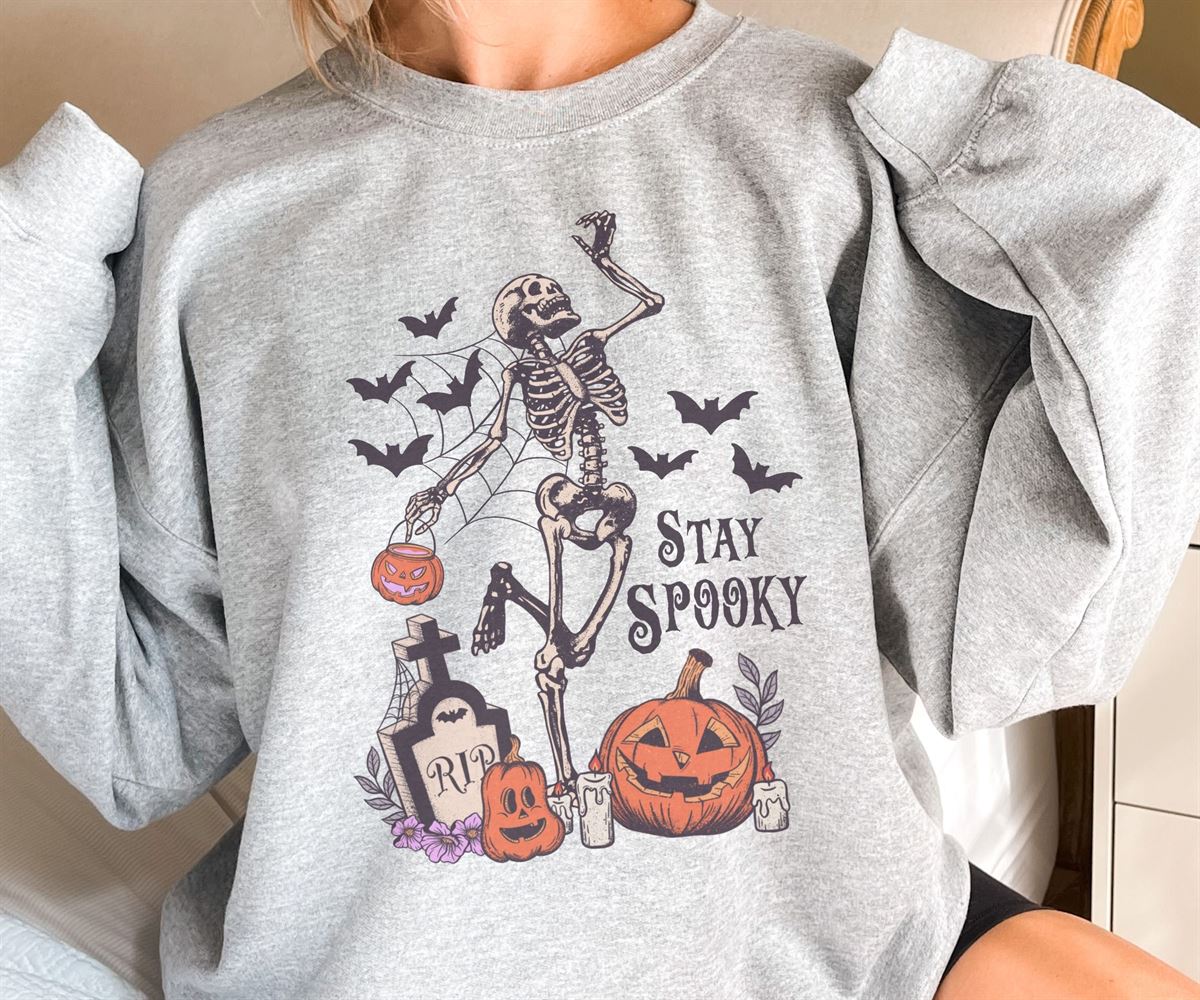 Cute Retro Alternative Boho Halloween Sweatshirtgrunge Spooky Unisex Pullovervintage Horror Movie Graphic Shirtspooky Season Skeleton Pumpkin Full Size Up To 5xl