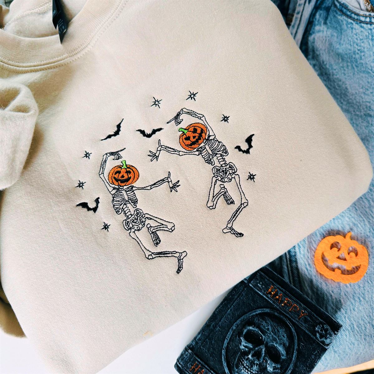 Dancing Skeleton Embroidered Sweatshirt Spooky Season Shirt Funny Halloween Crewneck Embroidery Halloween Sweatshirt Skeleton Hoodie Full Size Up To 5xl