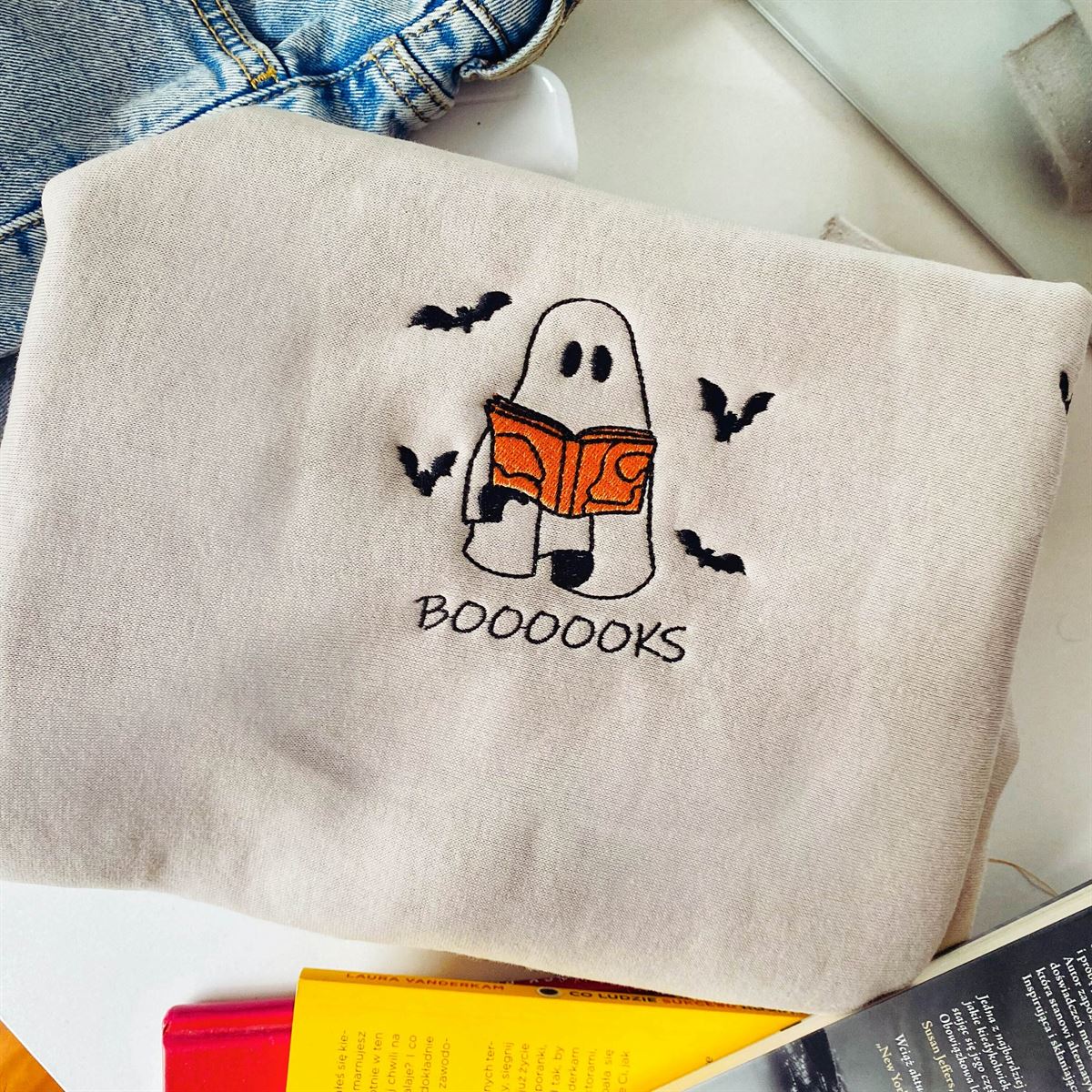 Embroidered Booooks Sweatshirt Librarian Sweatshirt Halloween Book Sweatshirt Ghost Reading Crewneck Book Lovers Halloween Gift Size Up To 5xl