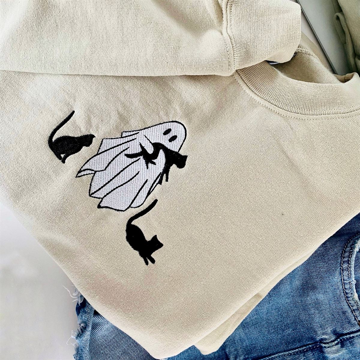 Embroidered Cats Ghost Sweatshirt Fall Sweatshirt Ghost Crewneck Cat Lovers Halloween Sweatshirt Spooky Season Gift For Her Size Up To 5xl