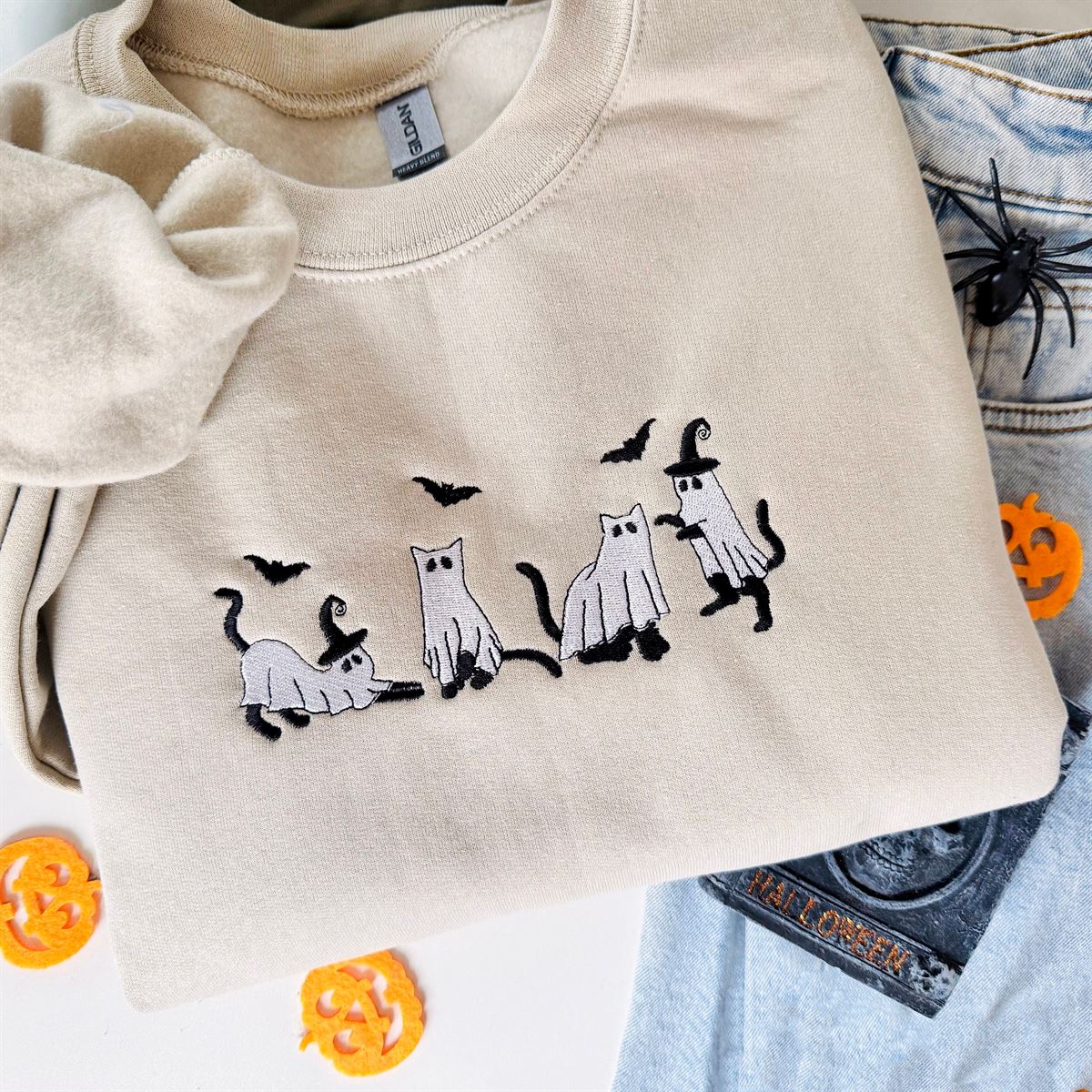 Embroidered Cats Ghost Sweatshirt Fall Sweatshirt Ghost Shirt Cat Lovers Halloween Crewneck Spooky Season Gift For Her Funny Cat Plus Size Up To 5xl