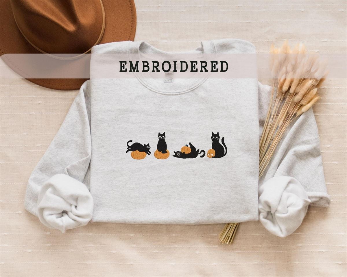 Embroidered Cats Sweatshirt Fall Sweatshirt Ghost Crewneck Cat Lovers Halloween Sweatshirt Spooky Season Gift For Her Funny Cat Plus Size Up To 5xl