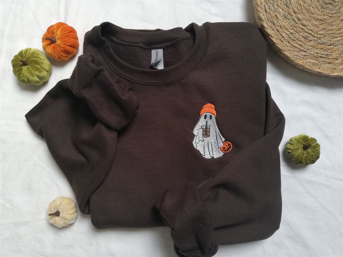 Embroidered Ghost Sweatshirt Embroidered Fall Sweatshirt Iced Coffee Ghost Sweater Halloween Embroidered Sweatshirt Little Ghost Coffee Plus Size Up To 5xl