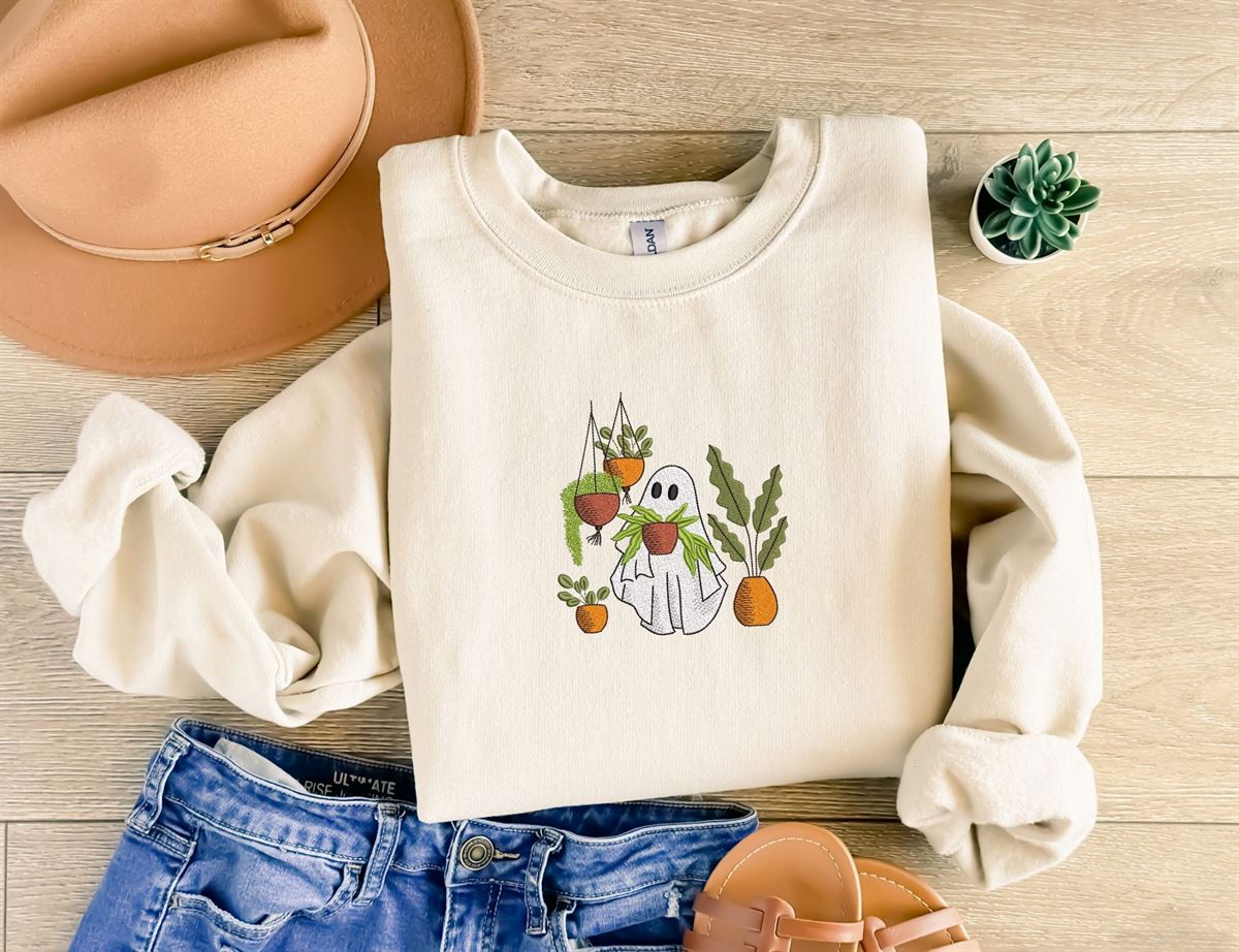 Embroidered Ghost Sweatshirt Embroidered Fall Sweatshirt Plant Ghost Sweater Halloween Embroidered Sweatshirt Plant Lover Gift Size Up To 5xl