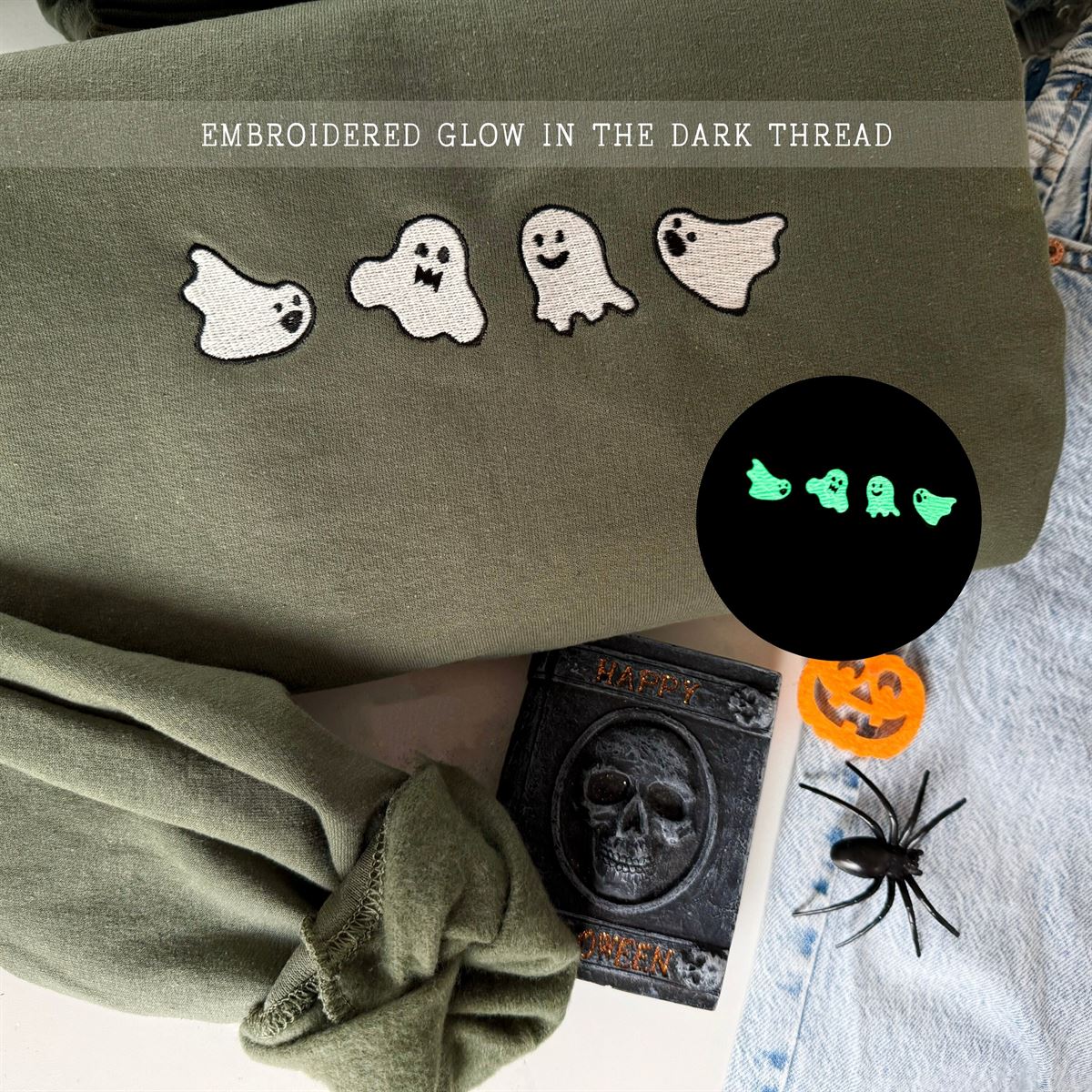 Embroidered Glow In Dark Ghost Sweatshirt Halloween Shirt Cute Ghost Crewneck Spooky Season Gift For Halloween Fall Hoodie Size Up To 5xl