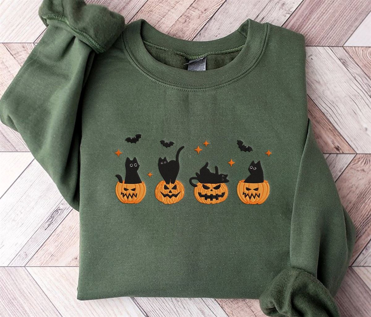 Embroidered Halloween Black Cat Sweatshirt Pumpkin Fall Sweater For Women Halloween Crewneck Spooky Season Bat Tee Top Cat Lover Gift Plus Size Up To 5xl