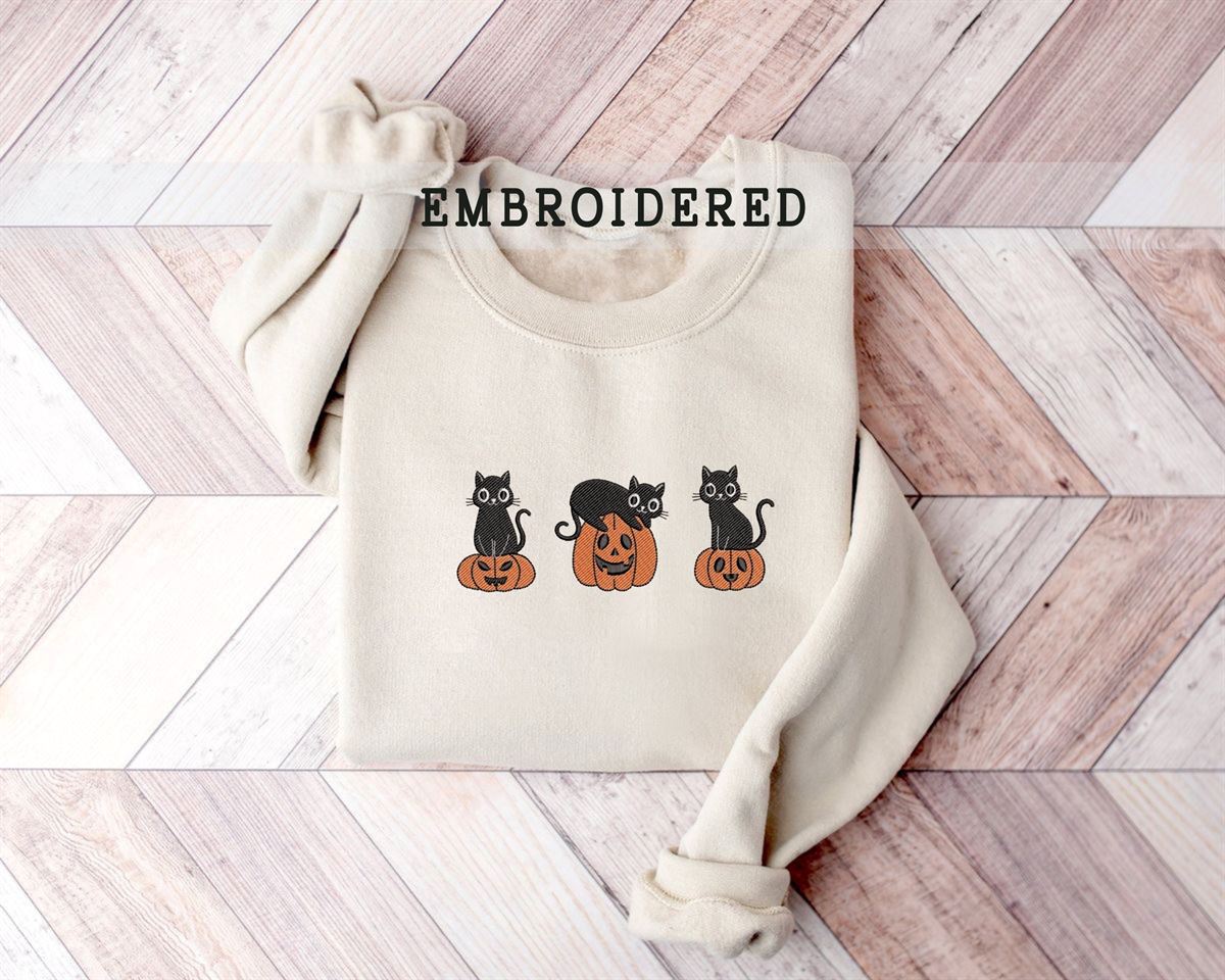 Embroidered Halloween Cat Sweatshirt Spooky Season Crewneck Gift For Cat Lover Funny Halloween Shirt Embroidered Cat Sweater Cat Shirt Size Up To 5xl