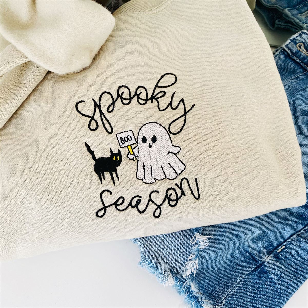 Embroidered Spooky Season Sweatshirt Fall Sweatshirt Ghost Crewneck Cat Lovers Halloween Sweatshirt Funny Halloween Gift For Her -trungten- K5veq Plus Size Up To 5xl