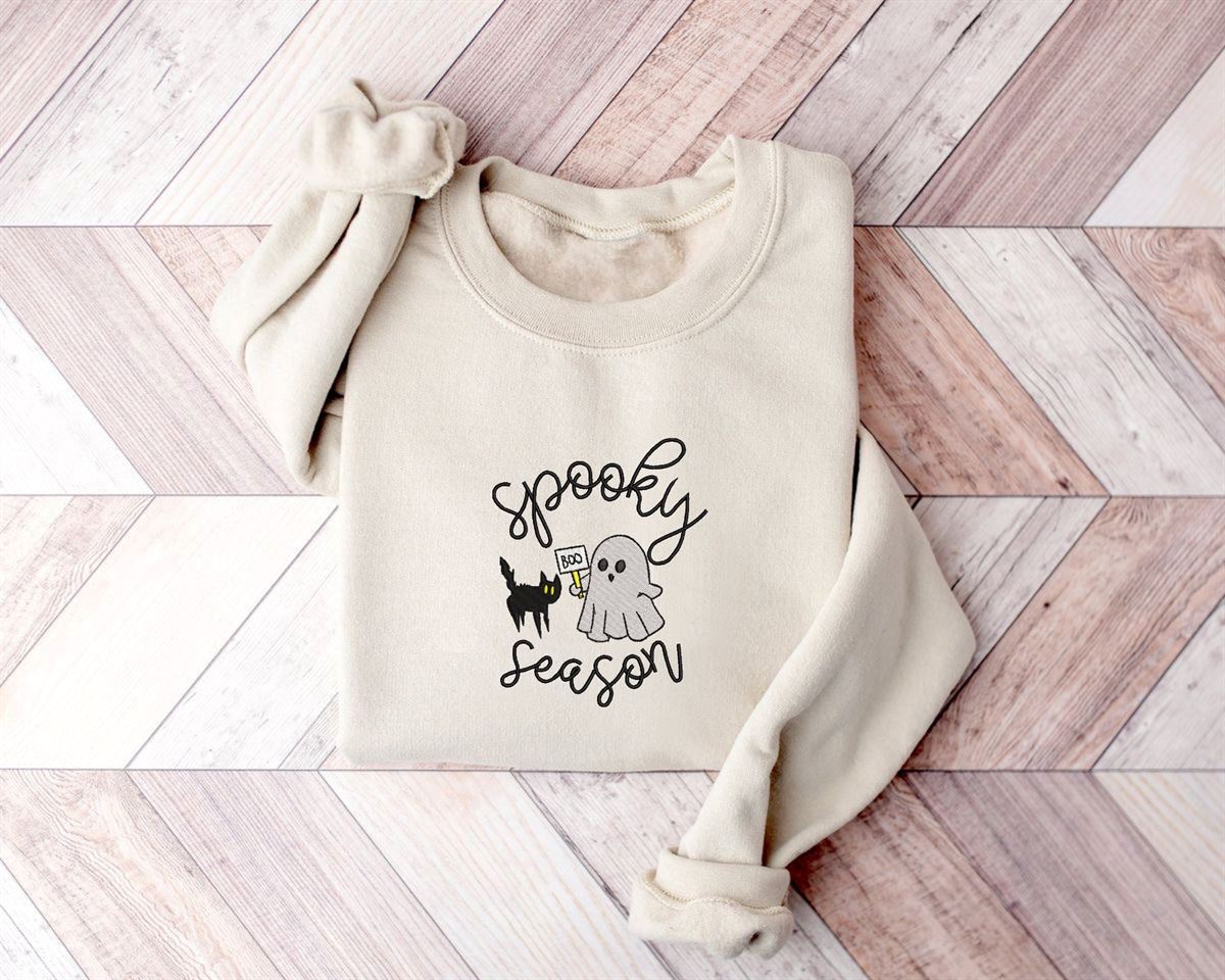 Embroidered Spooky Season Sweatshirt Fall Sweatshirt Ghost Crewneck Cat Lovers Halloween Sweatshirt Funny Halloween Gift For Her Size Up To 5xl