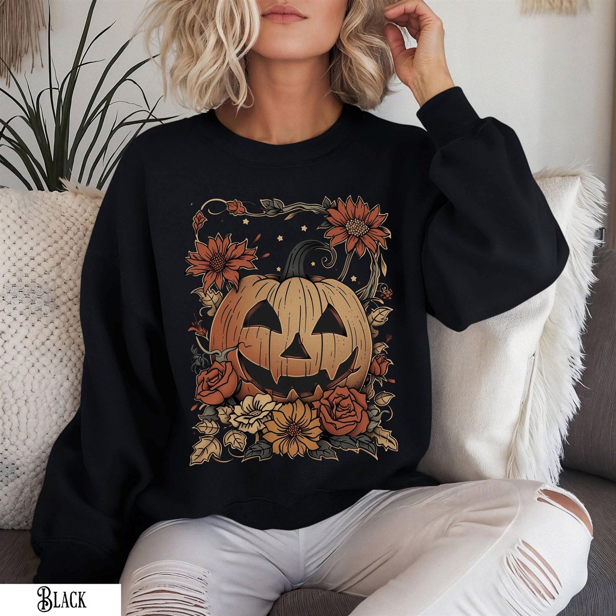 Fall Vibes Halloween Sweatshirt Aesthetic Cozy Retro Cottagecore Halloween Pumpkin Sweatshirt Size Up To 5xl