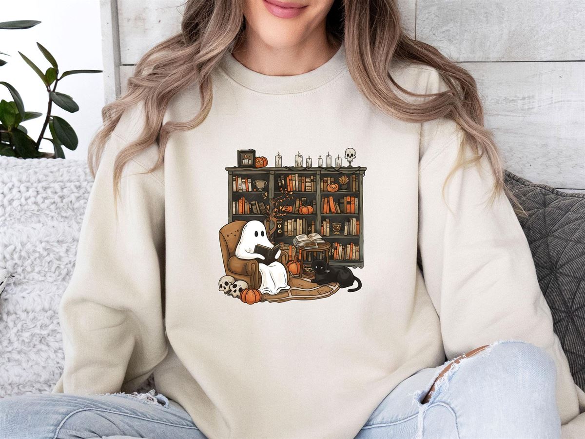 Funny Ghost Sweatshirt Reading Ghost Sweater Funny Halloween Top Black Cat Jumper Halloween Party Top Halloween Womens Hoodie Plus Size Up To 5xl