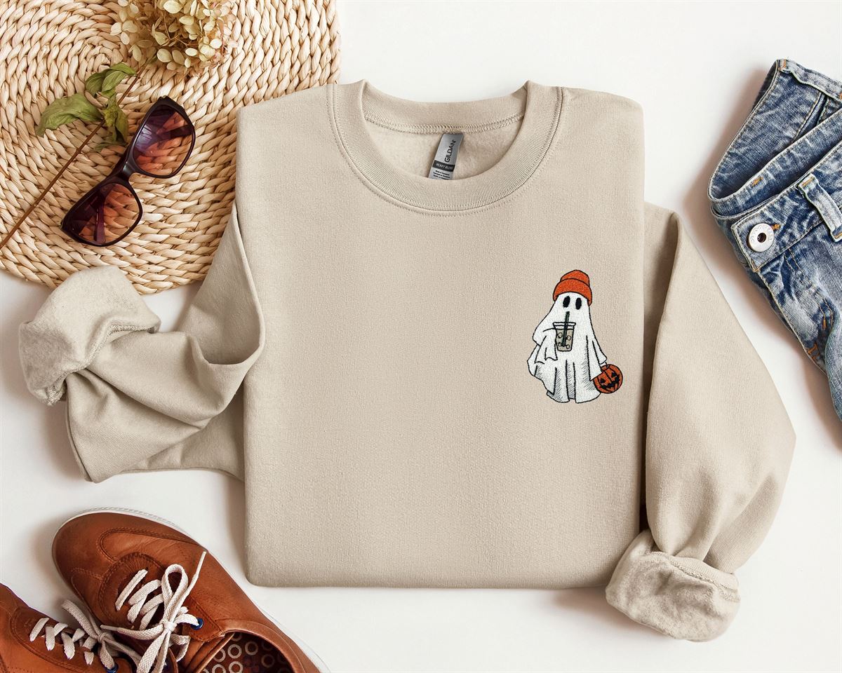 Ghost Embroidered Sweatshirt Little Ghost Ice Coffee Shirt Halloween Sweatshirt Halloween Embroidered Sweatshirt Ghost Sweatshirt -trungten- Nmla6 Full Size Up To 5xl