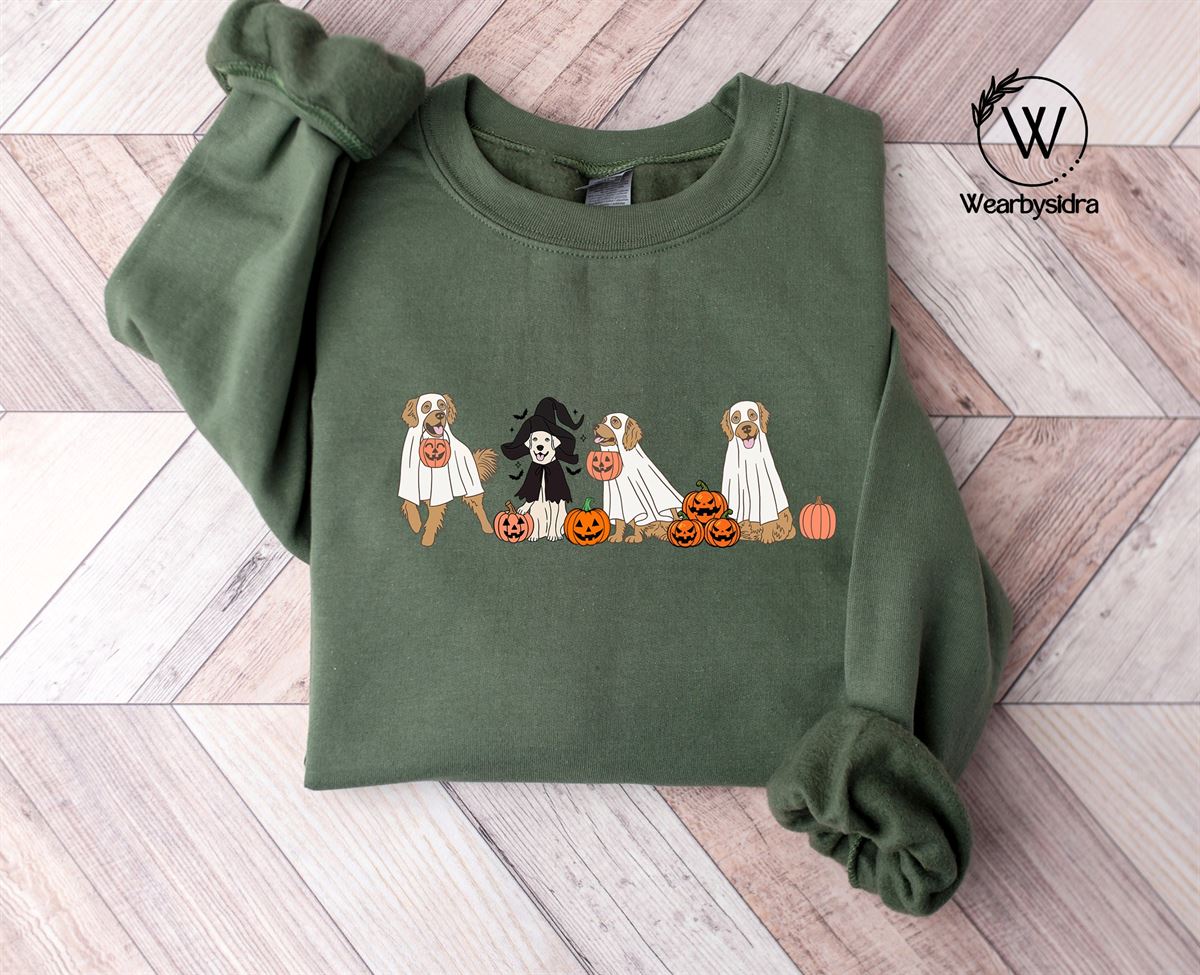 Golden Retriever Halloween Jumper Halloween Ghost Dogs Printed Sweatshirt Halloween Dog Lover Sweaters Gothic Dogs Tops Halloween Outfit Size Up To 5xl