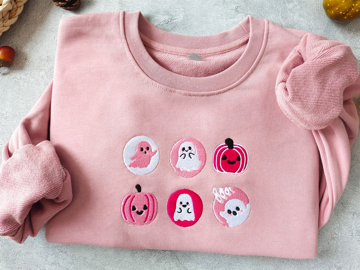 Halloween Cookies Boo Embroidered Sweatshirt Pink Spooky Season Crewneck Sweatshirt Ghost And Pumpkin Embroideredhalloween Sweatshirt Size Up To 5xl