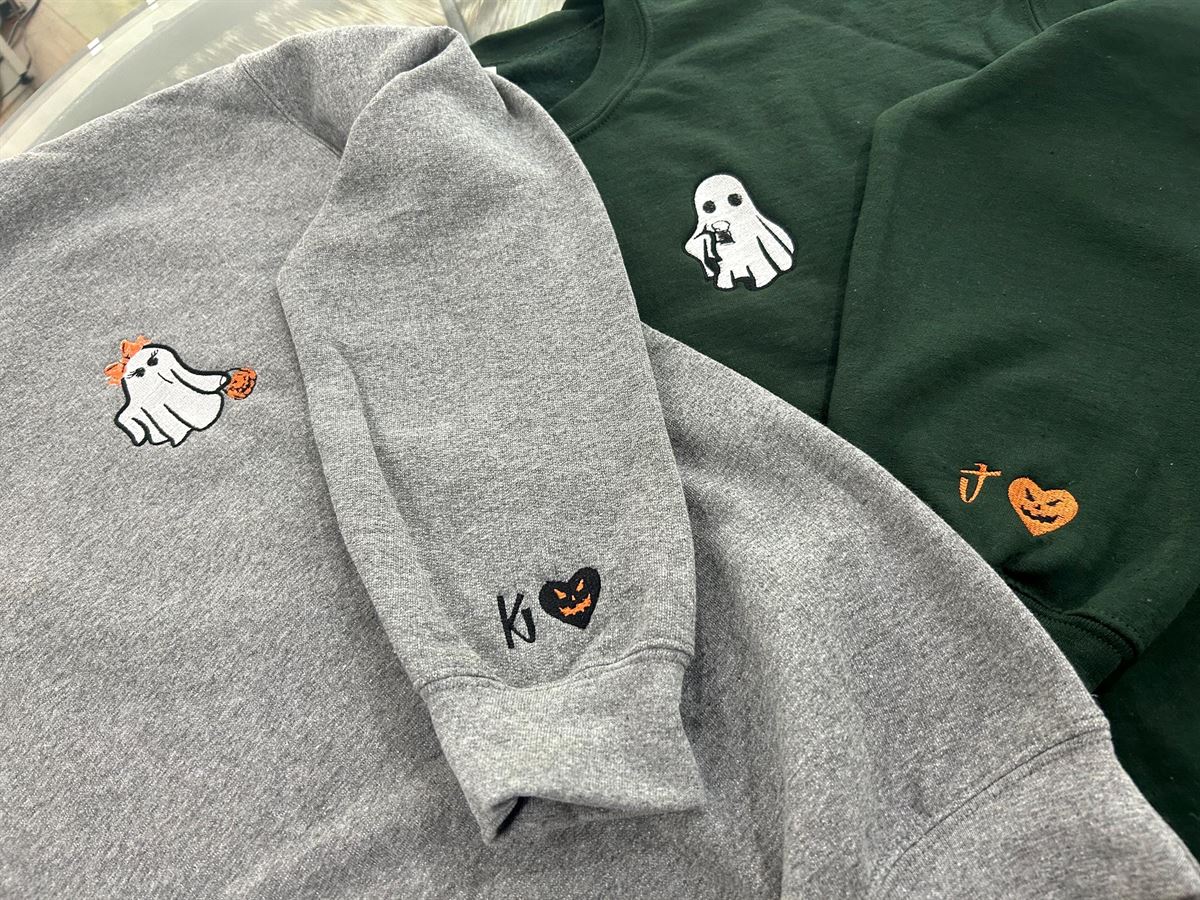 Halloween Embroidered Crewneck Sweatshirt – Matching Ghosts – Holding Drink And Pumpkin – Heart Couples Costume Plus Size Up To 5xl