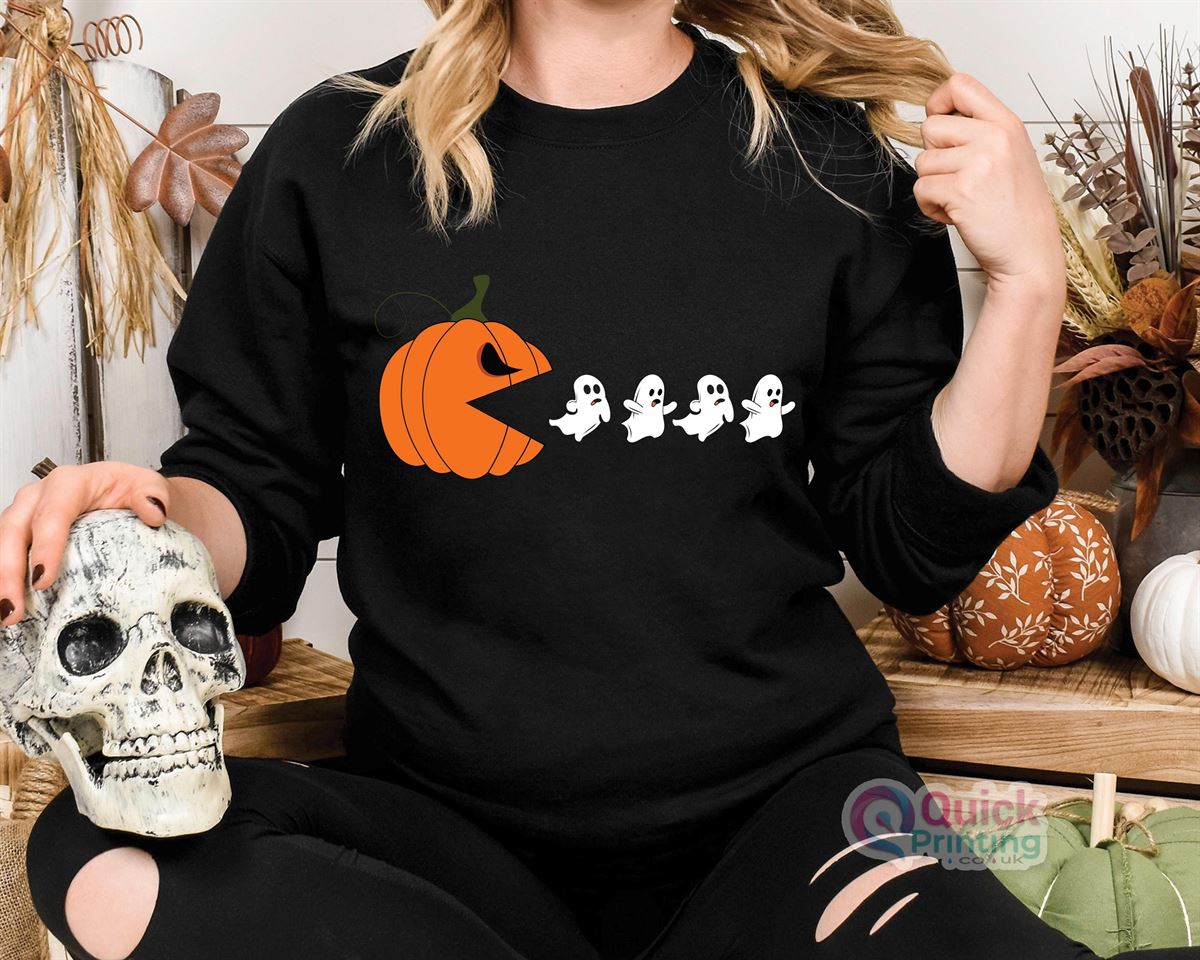 Halloween Ghost Sweatshirt Pumpkin Eating Ghost Tee Funny Halloween Sweater Halloween Party Sweatshirt Pumpkin Halloween Sweatshirt 2024 Full Size Up To 5xl