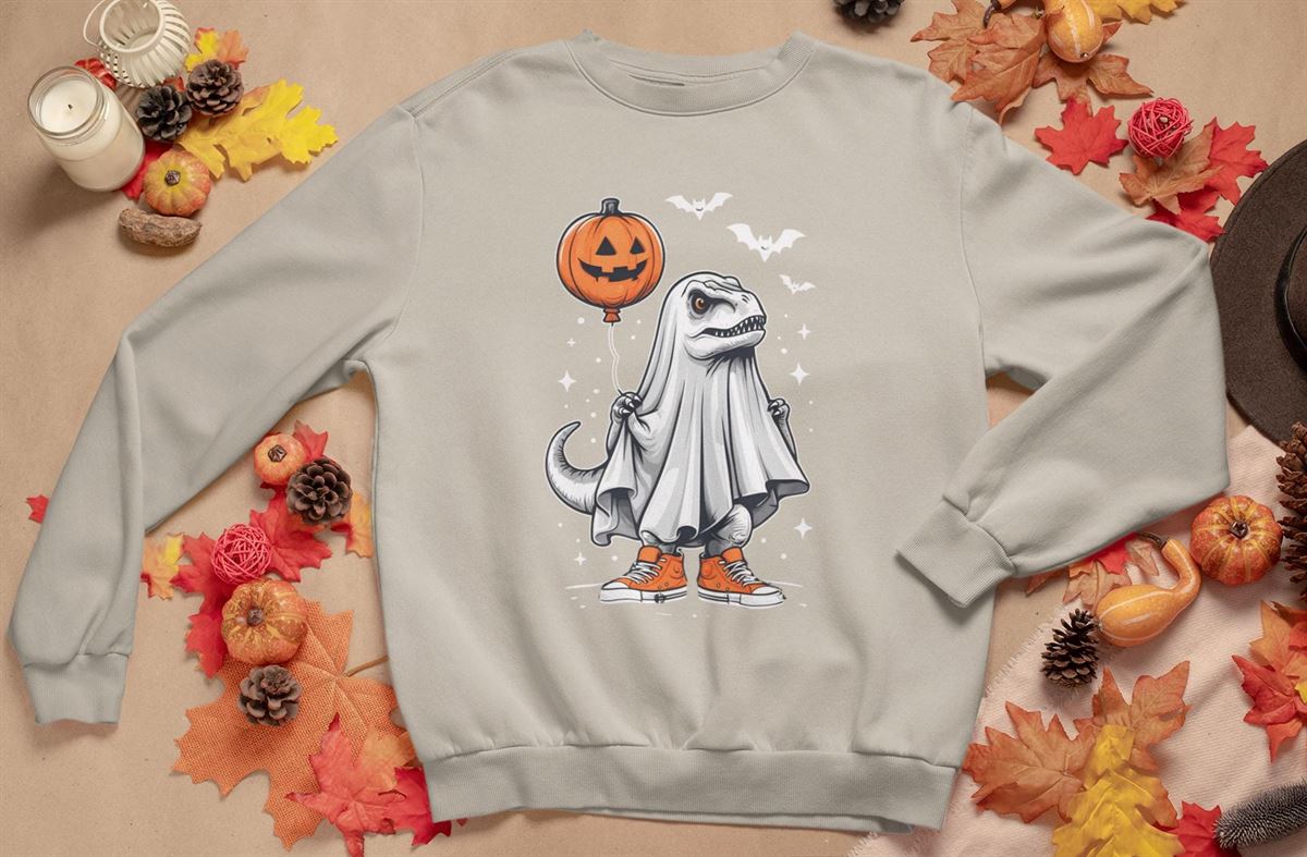 Halloween T-rex Ghost Sweatshirt Spooky Dinosaur Pullover Unisex Halloween Hoodie Cozy Halloween Gift Size Up To 5xl