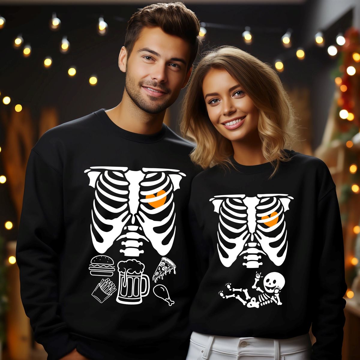 Matching Couple Halloween Pregnancy Sweatshirt Halloween Skeleton Maternity Couples Shirt Funny Skeleton Baby Pregnancy Announcement T-shirt Full Size Up To 5xl