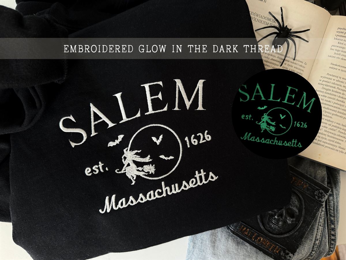 Salem Massachusetts Embroidered Glow In Dark Sweatshirt Halloween Crewneck Witch Hoodie Fall T-shirt Spooky Season Hoodie Size Up To 5xl