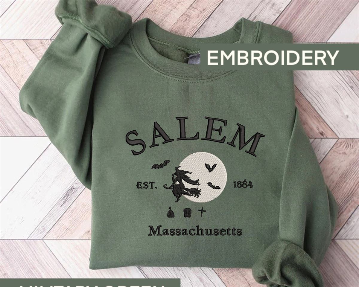 Salem Massachusetts Embroidered Sweatshirt Halloween Crewneck Witch Hoodie Fall Sweater Halloween T-shirt Spooky Season Hoodie Full Size Up To 5xl