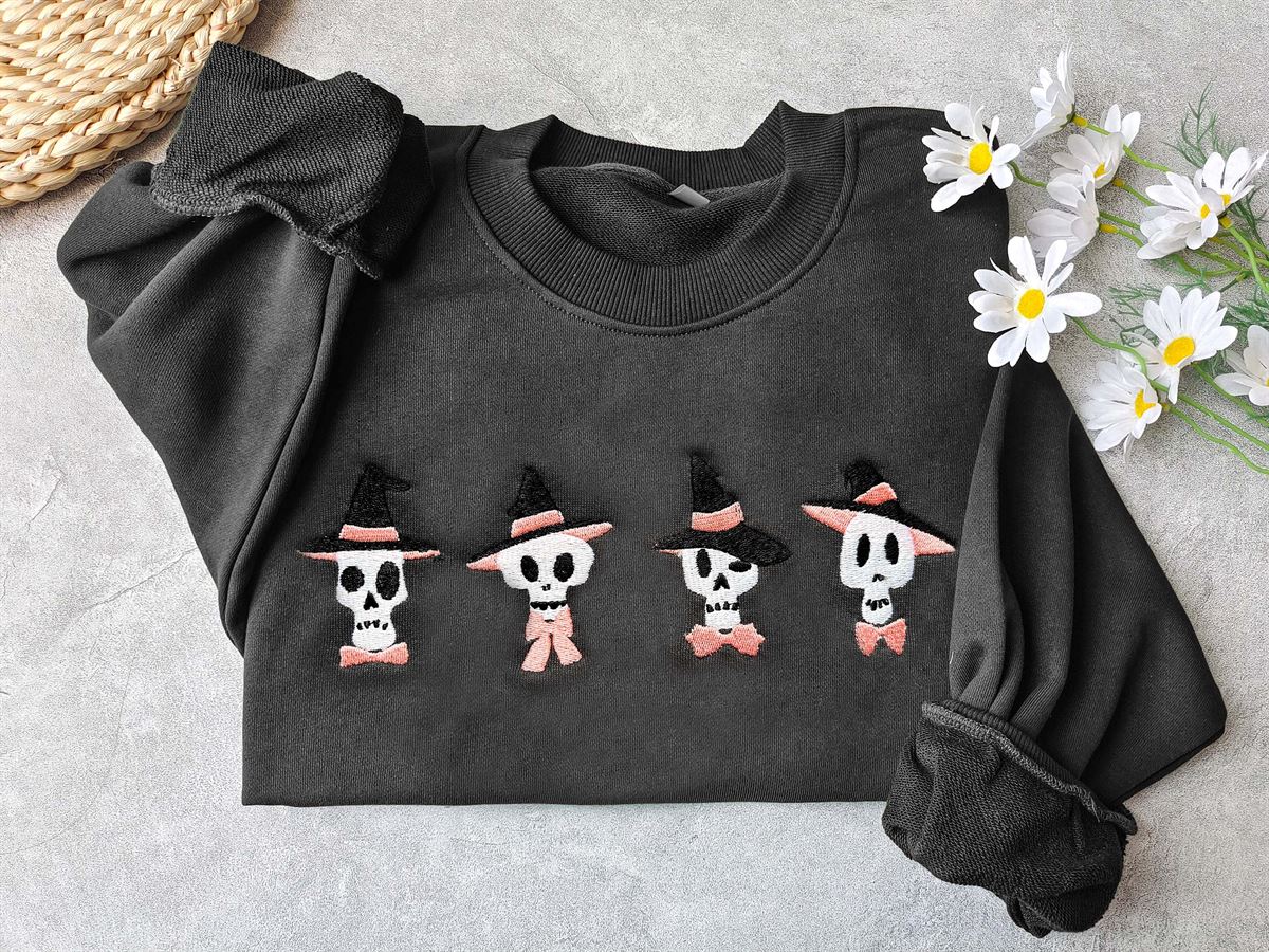 Skeleton Halloween Embroidered Sweatshirt With Bow And Hathalloween Pink Skeleton Embroidered Sweatshirtfunny Sweatshirt Spooky Season Full Size Up To 5xl