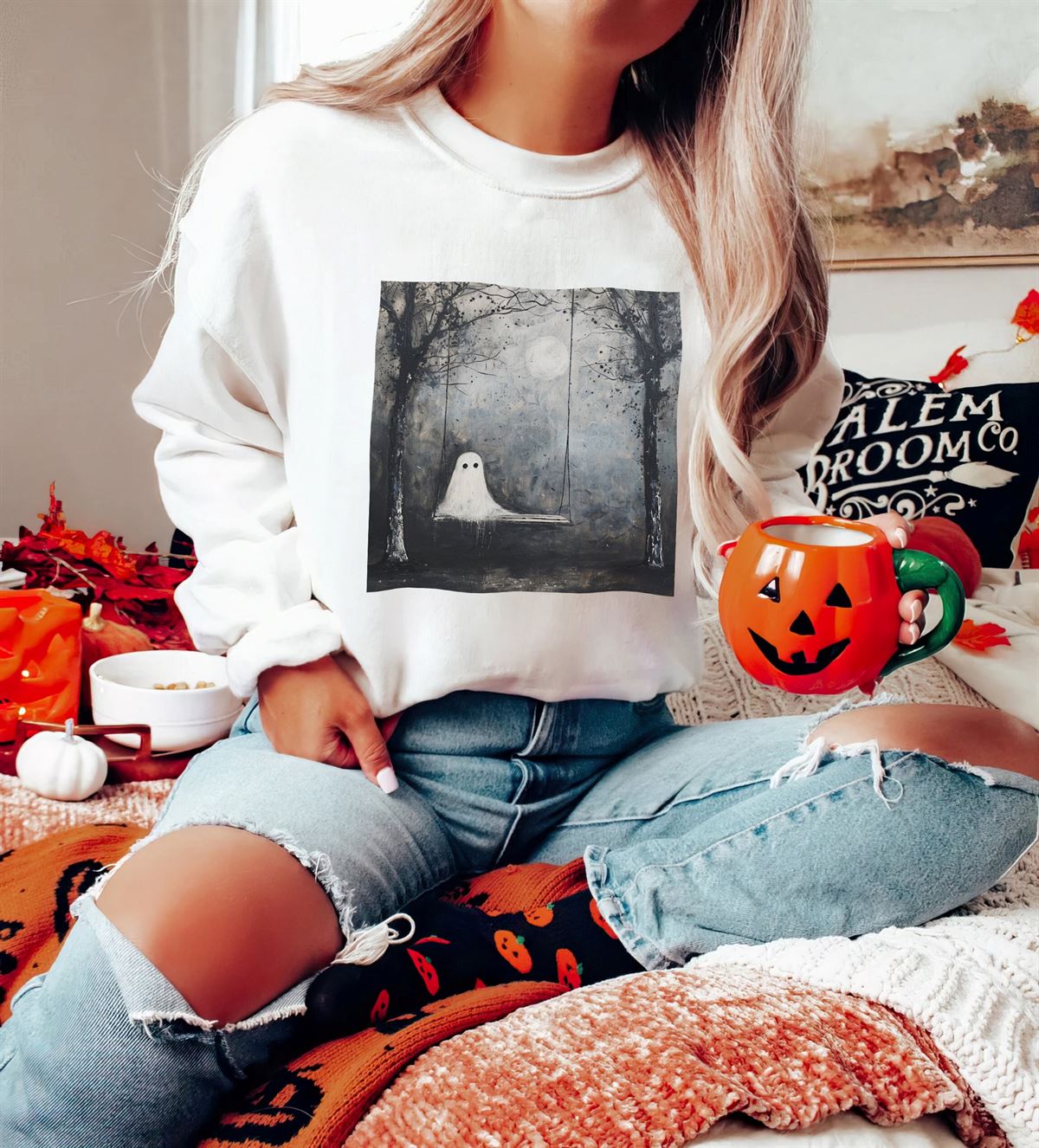 Vintage Ghost Sweatshirt Halloween Shirt Spooky Season Shirt Creepy Sweater Fall Crewneck For Women Unisex Ghost Shirt Full Size Up To 5xl